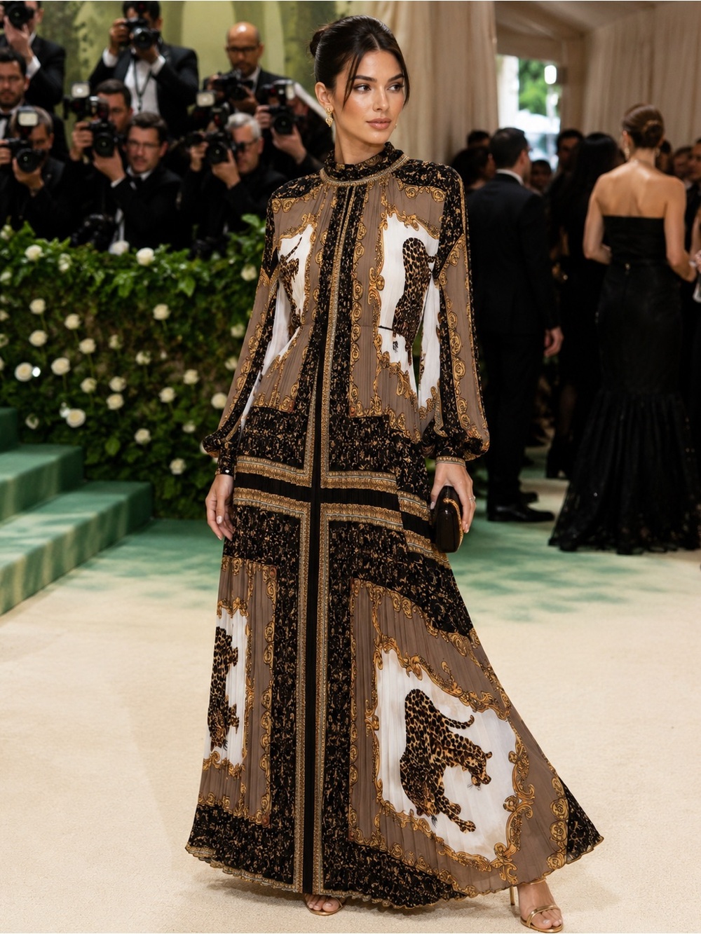 NWOT Black and Gold Printed Long-Sleeve Maxi Dress